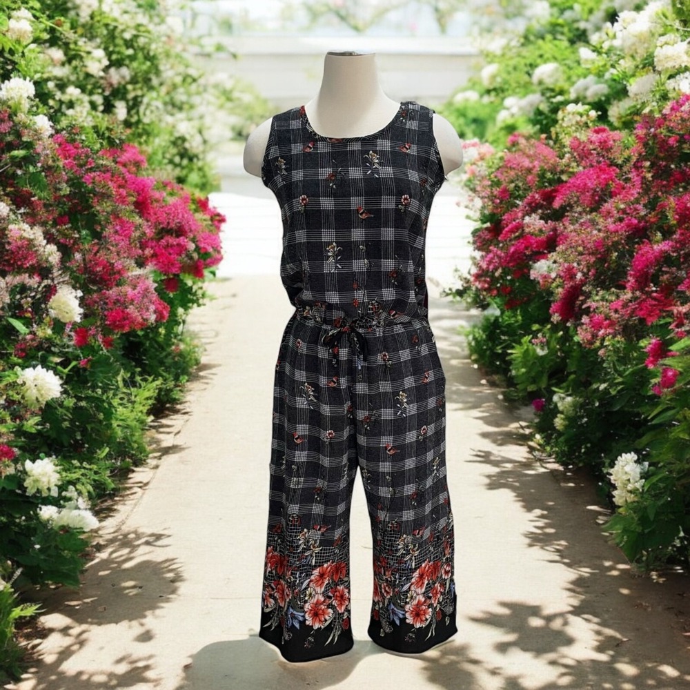 Paolino‎ Sleeveless Plaid Floral Print Jumpsuit with Tie Waist Cottagecore Light